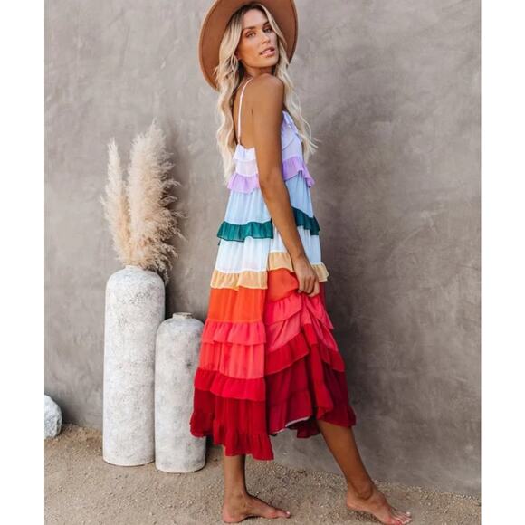 Storia Multicolored Rainbow Ruffle Tiered Midi Dress Small - Picture 2 of 8